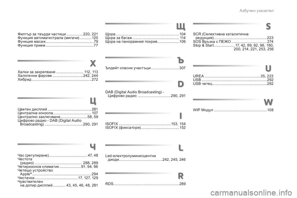 Peugeot 508 2016 Ръководство за експлоатация (in Bulgarian) 508_bg_Chap11_index-alpha_ed01-2016
Филтър за твърди частици ................220, 221
Функция автомагистрала (мигачи) ........... 12
0
Функция м Peugeot 508 2016 Ръководство за експлоатация (in Bulgarian) 508_bg_Chap11_index-alpha_ed01-2016
Филтър за твърди частици ................220, 221
Функция автомагистрала (мигачи) ........... 12
0
Функция м
