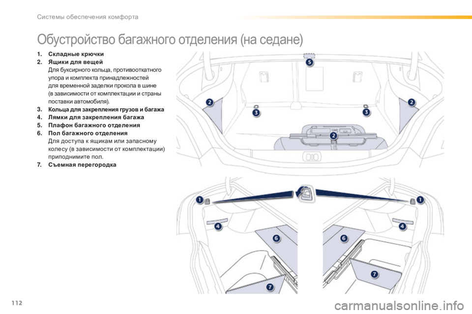 Peugeot 508 2016 Инструкция по эксплуатации (in Russian) 112
508_ru_Chap03_ergonomie-et-confort_ed01-2016
Обустройство багажного отделения (на седане)
1. Ск ладные крючки
2. Ящики для вещей
Peugeot 508 2016 Инструкция по эксплуатации (in Russian) 112
508_ru_Chap03_ergonomie-et-confort_ed01-2016
Обустройство багажного отделения (на седане)
1. Ск ладные крючки
2. Ящики для вещей
