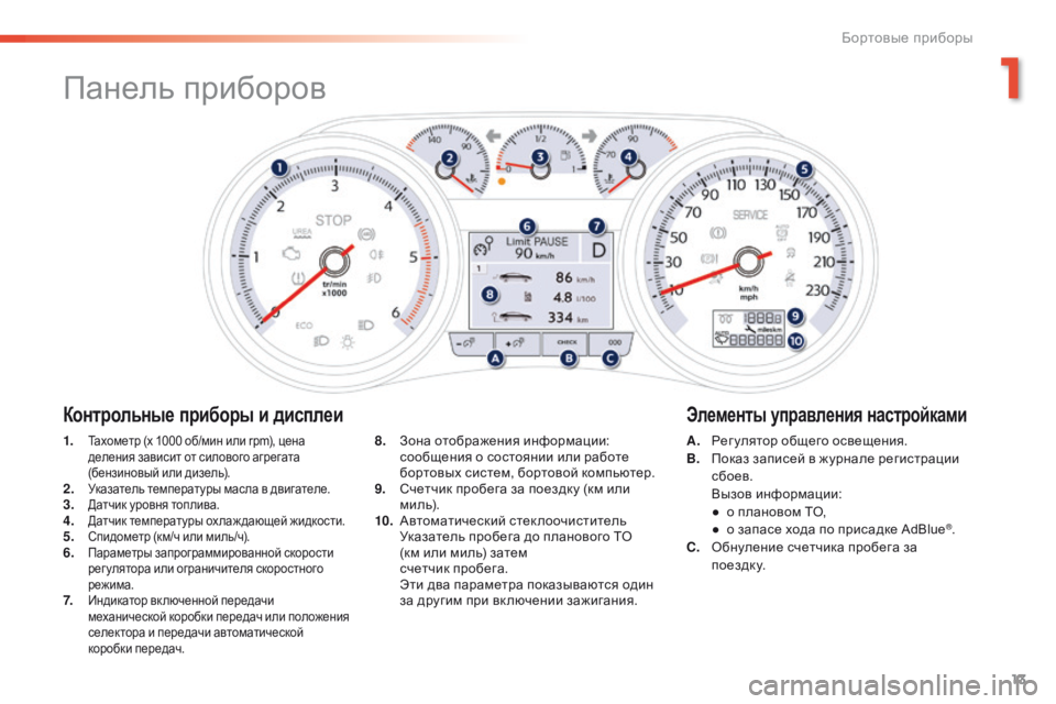 Peugeot 508 2016 Инструкция по эксплуатации (in Russian) 13
508 _ru_Chap01_instrument-bord_ed01-2016
Панель приборов
1. Тахометр (x 1000 об/мин или rpm), цена
деления зависит от силового агрег Peugeot 508 2016 Инструкция по эксплуатации (in Russian) 13
508 _ru_Chap01_instrument-bord_ed01-2016
Панель приборов
1. Тахометр (x 1000 об/мин или rpm), цена
деления зависит от силового агрег