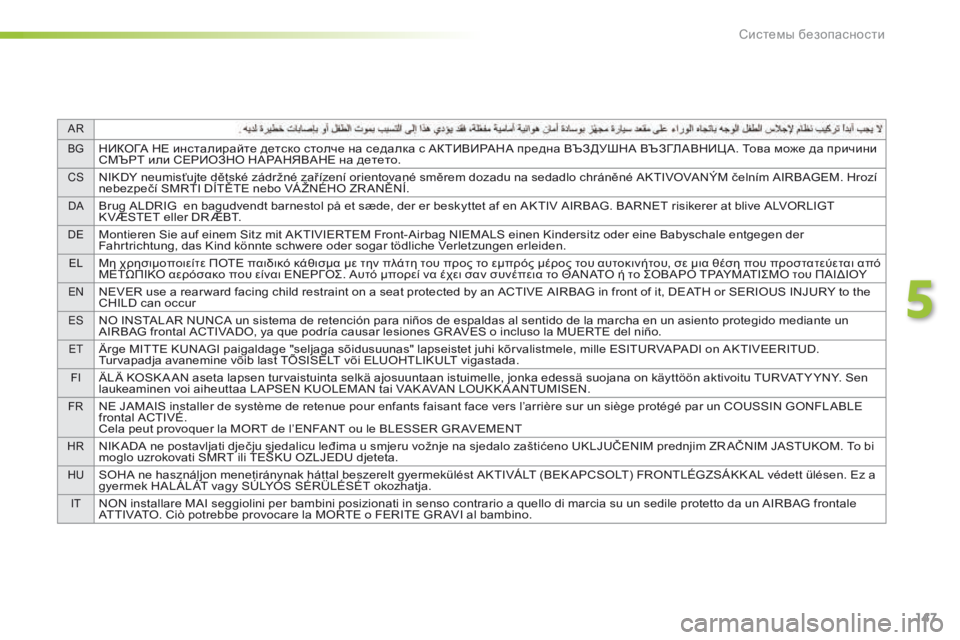 Peugeot 508 2016  Инструкция по эксплуатации (in Russian) 147
AR
BG
НИКОГА НЕ инсталирайте детско столче на седалка с АКТИВИРАНА предна ВЪЗДУШНА ВЪЗГЛАВНИЦ А. Това може да