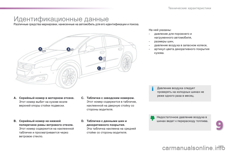 Peugeot 508 2016 Инструкция по эксплуатации (in Russian) 273
508_ru_Chap09_caracteristiques-techniques_ed01-2016
Идентификационные данныеРазличные средства маркировки, нанесенные на автомо Peugeot 508 2016 Инструкция по эксплуатации (in Russian) 273
508_ru_Chap09_caracteristiques-techniques_ed01-2016
Идентификационные данныеРазличные средства маркировки, нанесенные на автомо