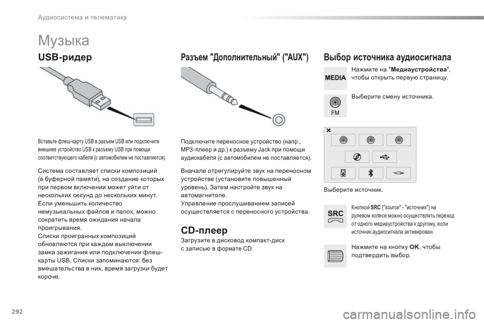 Peugeot 508 2016 Инструкция по эксплуатации (in Russian) 292
508_ru_Chap10c_SMEGplus_ed01-2016
Музыка
USB-ридерВыбор источника аудиосигнала
Кнопкой SRC ("source" - "источник") на
рул Peugeot 508 2016 Инструкция по эксплуатации (in Russian) 292
508_ru_Chap10c_SMEGplus_ed01-2016
Музыка
USB-ридерВыбор источника аудиосигнала
Кнопкой SRC ("source" - "источник") на
рул