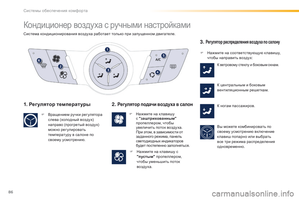Peugeot 508 2016 Инструкция по эксплуатации (in Russian) 86
508_ru_Chap03_ergonomie-et-confort_ed01-2016
Кондиционер воздуха с ручными настройками
Система кондиционирования воздуха рабо Peugeot 508 2016 Инструкция по эксплуатации (in Russian) 86
508_ru_Chap03_ergonomie-et-confort_ed01-2016
Кондиционер воздуха с ручными настройками
Система кондиционирования воздуха рабо