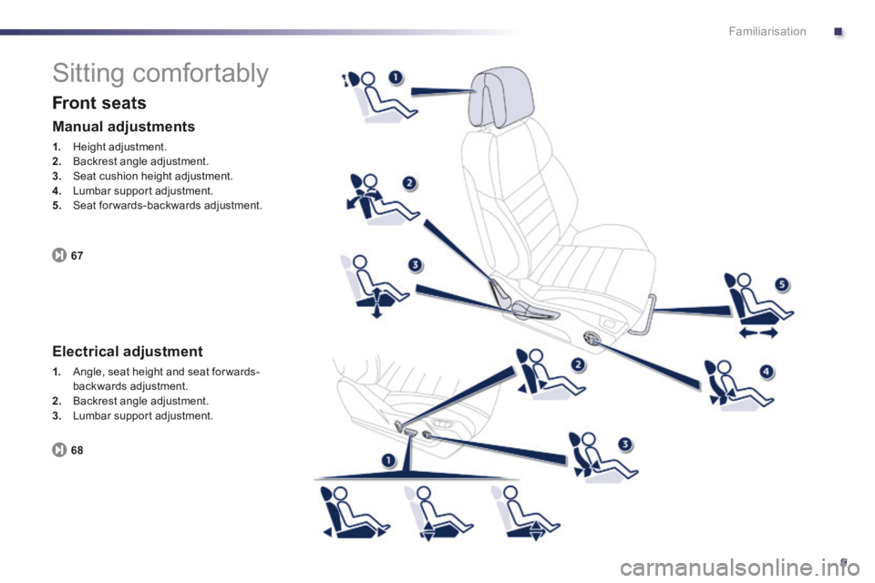 Peugeot 508 2014   - RHD (UK, Australia) User Guide .
9
Familiarisation
 Sitting  comfortably 
  Front  seats 
67
  Manual  adjustments 
1.   Height  adjustment. 2.   Backrest angle adjustment. 3.   Seat cushion height adjustment. 4.   Lumbar support a