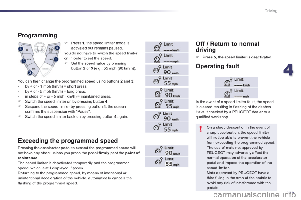 Peugeot 508 2014 Owners Manual - RHD (UK, Australia) 4
129
Driving
Press 1 , the speed limiter mode is activated but remains paused. You do not have to switch the speed limiter on in order to set the speed. Set the speed value by pressin Peugeot 508 2014 Owners Manual - RHD (UK, Australia) 4
129
Driving
Press 1 , the speed limiter mode is activated but remains paused. You do not have to switch the speed limiter on in order to set the speed. Set the speed value by pressin