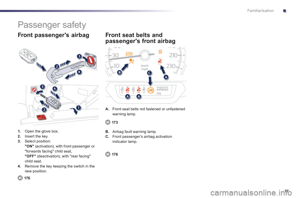 Peugeot 508 2014  Owners Manual - RHD (UK, Australia) .
17
Familiarisation
 Passenger  safety 
1.   Open the glove box. 2.   Insert the key. 3.   Select  position:      "ON"  (activation), with front passenger or "for wards facing" child seat,      "OFF"