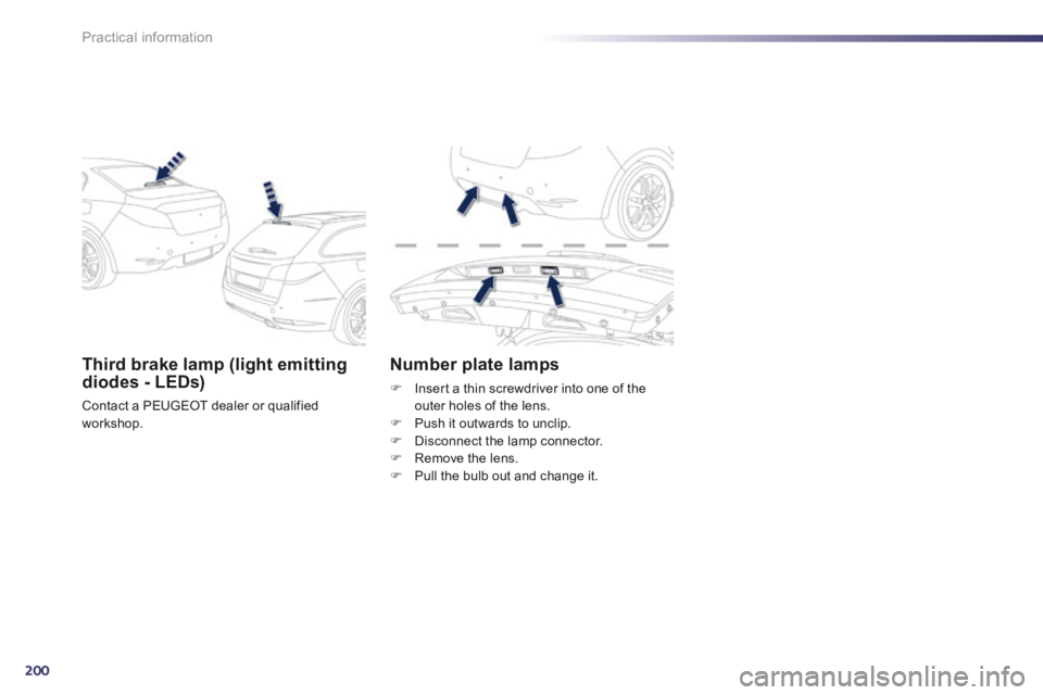 Peugeot 508 2014 Owners Manual - RHD (UK, Australia) 200
Practical information
Third brake lamp (light emitting diodes - LEDs)
Contact a PEUGEOT dealer or qualified workshop.
Number plate lamps
Insert a thin screwdriver into one of the outer Peugeot 508 2014 Owners Manual - RHD (UK, Australia) 200
Practical information
Third brake lamp (light emitting diodes - LEDs)
Contact a PEUGEOT dealer or qualified workshop.
Number plate lamps
Insert a thin screwdriver into one of the outer