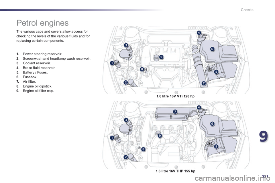 Peugeot 508 2014  Owners Manual - RHD (UK, Australia) 9
221
Checks
 The various caps and covers allow access for checking the levels of the various fluids and for replacing certain components. 
               Petrol engines 
1.   Power steering reservoir