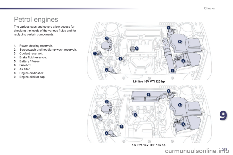 Peugeot 508 2014 Owners Manual - RHD (UK, Australia) 9
221
Checks
The various caps and covers allow access for checking the levels of the various fluids and for replacing certain components.
Petrol engines
1. Power steering reservoir Peugeot 508 2014 Owners Manual - RHD (UK, Australia) 9
221
Checks
The various caps and covers allow access for checking the levels of the various fluids and for replacing certain components.
Petrol engines
1. Power steering reservoir