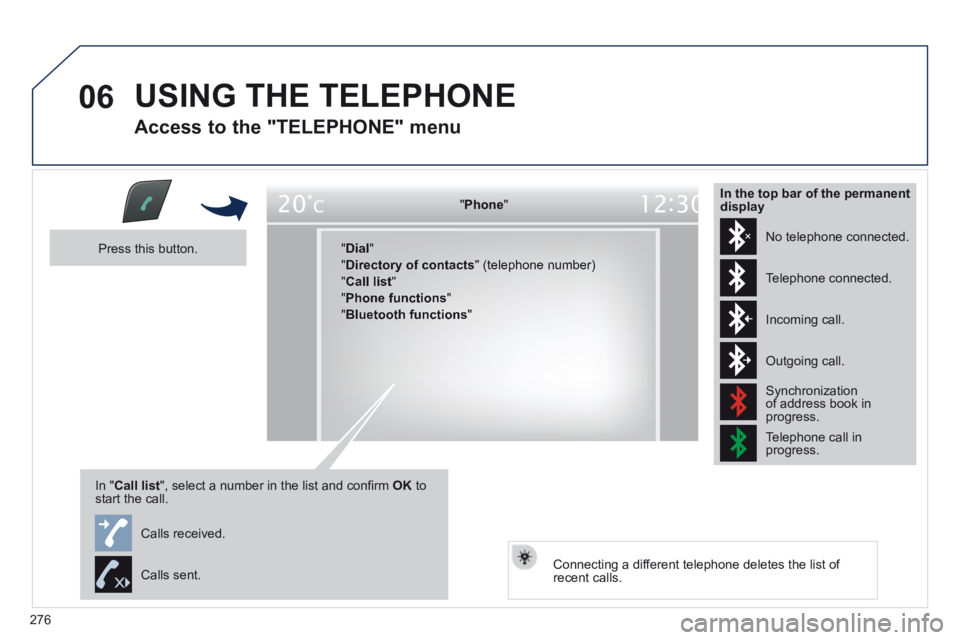 Peugeot 508 2014 Owners Manual - RHD (UK, Australia) 276
06 USING THE TELEPHONE
Access to the "TELEPHONE" menu
" " " " " " " " " " " " " " " " " " PhonePhonePhonePhonePhonePhonePhonePhonePhonePhonePhonePhonePhoneP Peugeot 508 2014 Owners Manual - RHD (UK, Australia) 276
06 USING THE TELEPHONE
Access to the "TELEPHONE" menu
" " " " " " " " " " " " " " " " " " PhonePhonePhonePhonePhonePhonePhonePhonePhonePhonePhonePhonePhoneP