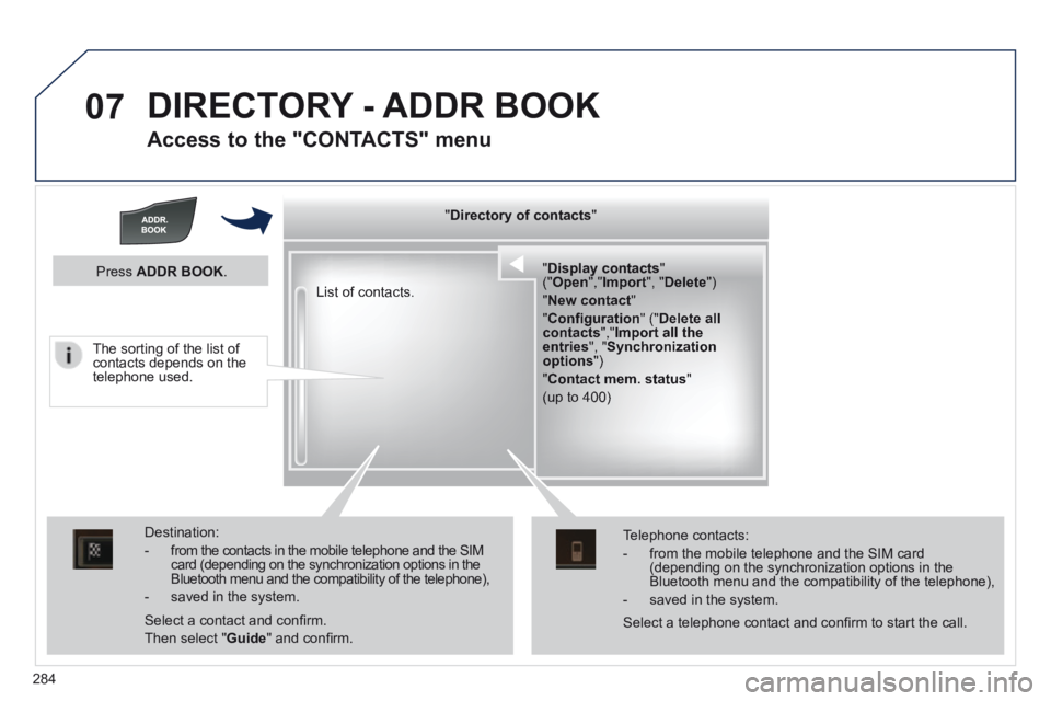 Peugeot 508 2014 Owners Manual - RHD (UK, Australia) 284
07 DIRECTORY - ADDR BOOK
Access to the "CONTACTS" menu
" " " " " " " " " " " " " " " " " " " Directory of contactsDirectory of contactsDirectory of contac Peugeot 508 2014 Owners Manual - RHD (UK, Australia) 284
07 DIRECTORY - ADDR BOOK
Access to the "CONTACTS" menu
" " " " " " " " " " " " " " " " " " " Directory of contactsDirectory of contactsDirectory of contac
