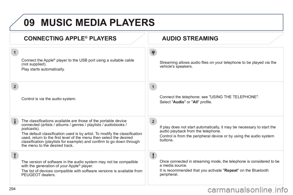 Peugeot 508 2014 Owners Manual - RHD (UK, Australia) 294
09
AUDIO STREAMING
Streaming allows audio fi les on your telephone to be played via the vehicles speakers.
Connect the telephone: see "USING THE TELEPHONE".
Select " Audio " o Peugeot 508 2014 Owners Manual - RHD (UK, Australia) 294
09
AUDIO STREAMING
Streaming allows audio fi les on your telephone to be played via the vehicles speakers.
Connect the telephone: see "USING THE TELEPHONE".
Select " Audio " o