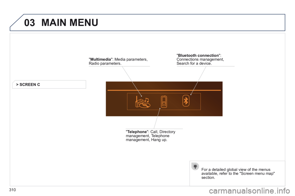 Peugeot 508 2014  Owners Manual - RHD (UK, Australia) 03
310
 MAIN  MENU 
  " Multimedia ": Media parameters, Radio  parameters.  
> SCREEN C  
  " Telephone ": Call, Directory management, Telephone management, Hang up.  
  For a detailed global view of 
