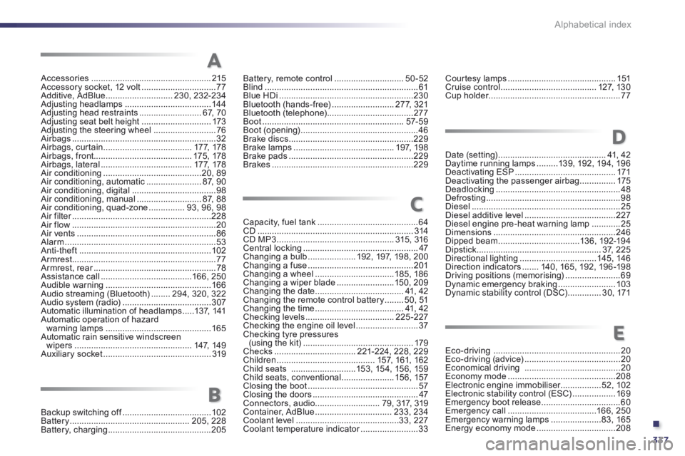 Peugeot 508 2014  Owners Manual - RHD (UK, Australia) .
337
Alphabetical index
Accessories ..................................................215Accessory socket, 12 volt ...............................77Additive, AdBlue ............................230, 2