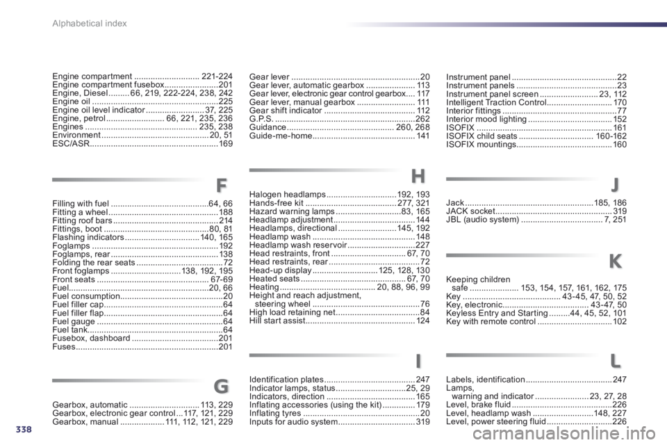 Peugeot 508 2014  Owners Manual - RHD (UK, Australia) 338Alphabetical index
Filling with fuel ..........................................64, 66Fitting a wheel ...............................................188Fitting roof bars ............................