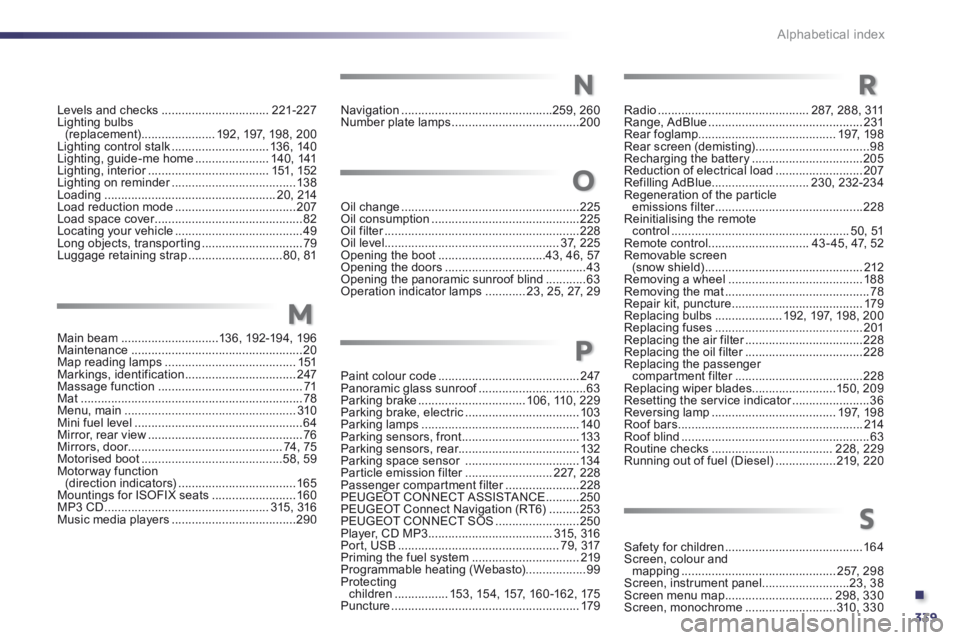 Peugeot 508 2014 Owners Manual - RHD (UK, Australia) .
339
Alphabetical index
Levels and checks ................................221-227Lighting bulbs (replacement) ......................192, 197, 198, 20 0Lighting control stalk ......................... Peugeot 508 2014 Owners Manual - RHD (UK, Australia) .
339
Alphabetical index
Levels and checks ................................221-227Lighting bulbs (replacement) ......................192, 197, 198, 20 0Lighting control stalk .........................