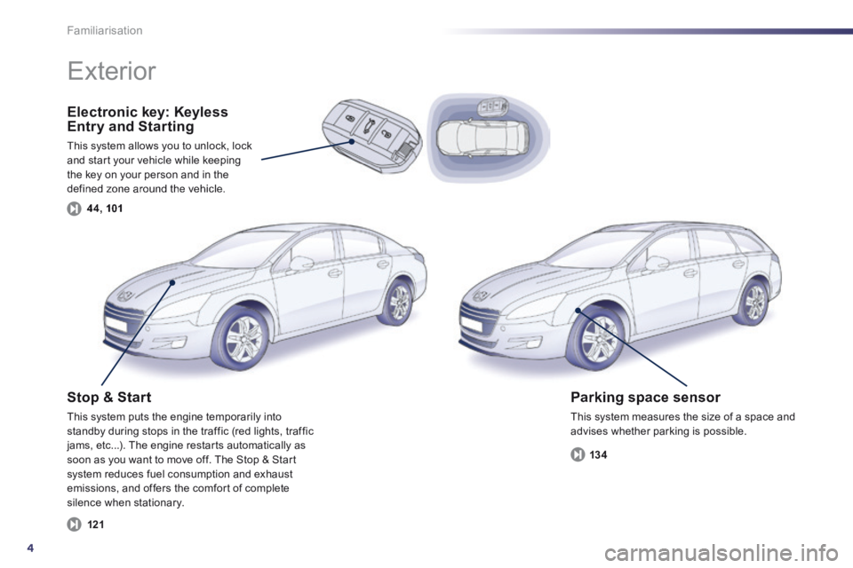 Peugeot 508 2014  Owners Manual - RHD (UK, Australia) 4
Familiarisation
  Electronic  key:  Keyless Entry and Starting 
 This system allows you to unlock, lock and start your vehicle while keeping the key on your person and in the defined zone around the