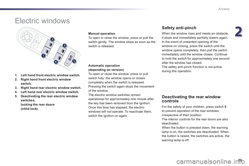 Peugeot 508 2014   - RHD (UK, Australia) Workshop Manual 2
55
Access
 Electric  windows 
1.    Left hand front electric window switch.2.    Right hand front electric window switch.3.    Right hand rear electric window switch.4.    Left hand rear electric wi