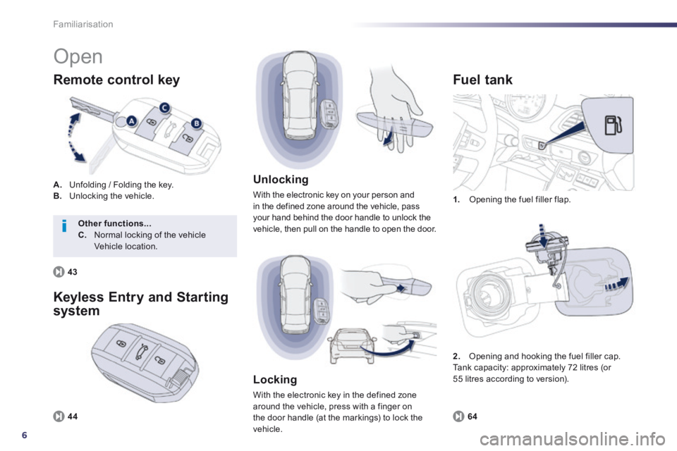 Peugeot 508 2014  Owners Manual - RHD (UK, Australia) 6
Familiarisation
 Open 
A.   Unfolding / Folding the key. B.  Unlocking the vehicle. 
  Remote  control  key 
1.   Opening the fuel filler flap. 
  Fuel  tank 
64
  Unlocking 
 With the electronic ke