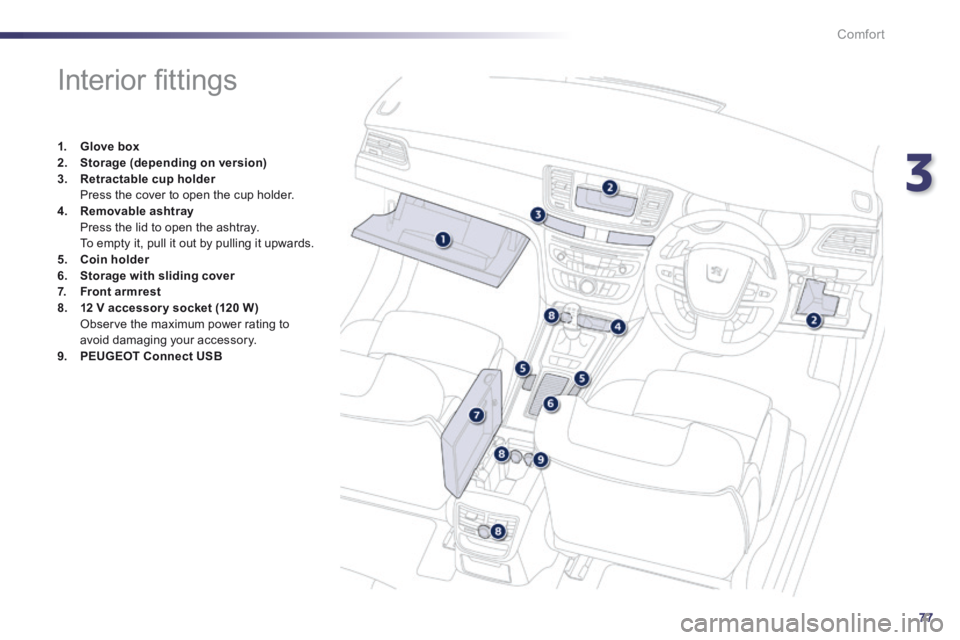Peugeot 508 2014 - RHD (UK, Australia) Manual PDF 3
77
Comfort
Interior fi ttings
1. Glove box2. Storage (depending on version)3. Retractable cup holder Retractable cup holder Retractable cup holder Press the Peugeot 508 2014 - RHD (UK, Australia) Manual PDF 3
77
Comfort
Interior fi ttings
1. Glove box2. Storage (depending on version)3. Retractable cup holder Retractable cup holder Retractable cup holder Press the