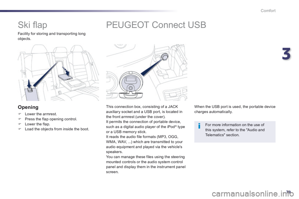 Peugeot 508 2014 - RHD (UK, Australia) Manual Online 3
79
Comfort
PEUGEOT Connect USB
This connection box, consisting of a JACK auxiliary socket and a USB port, is located in the front armrest (under the cover). It permits the connection Peugeot 508 2014 - RHD (UK, Australia) Manual Online 3
79
Comfort
PEUGEOT Connect USB
This connection box, consisting of a JACK auxiliary socket and a USB port, is located in the front armrest (under the cover). It permits the connection