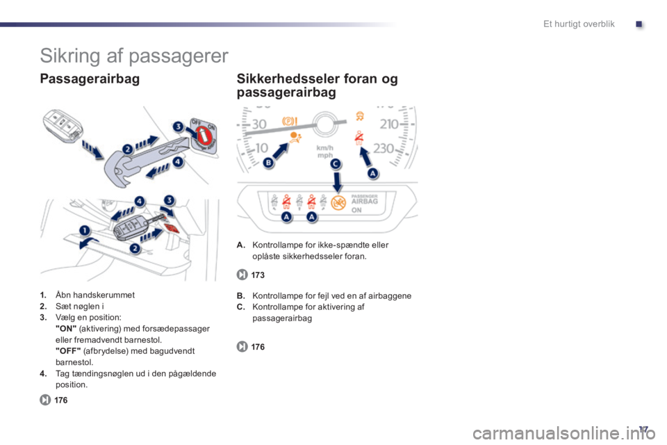 Peugeot 508 2014 Instruktionsbog (in Danish) .
17
Et hurtigt overblik
Sikring af passagerer
1. Åbn handskerummet 2. Sæt nøglen i 3. Vælg en position: "ON" (aktivering) med forsædepassager eller fremadvendt barnestol. "OFF" Peugeot 508 2014 Instruktionsbog (in Danish) .
17
Et hurtigt overblik
Sikring af passagerer
1. Åbn handskerummet 2. Sæt nøglen i 3. Vælg en position: "ON" (aktivering) med forsædepassager eller fremadvendt barnestol. "OFF"