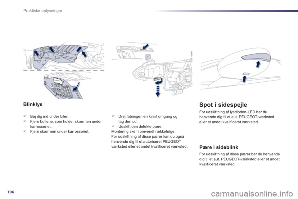 Peugeot 508 2014 Instruktionsbog (in Danish) 196
Praktiske oplysninger
508_da_Chap08_info pratiques_ed01-2014
Blinklys
Bøj dig ind under bilen. Fjern boltene, som holder skærmen under karrosseriet. Fjern skærmen under karro Peugeot 508 2014 Instruktionsbog (in Danish) 196
Praktiske oplysninger
508_da_Chap08_info pratiques_ed01-2014
Blinklys
Bøj dig ind under bilen. Fjern boltene, som holder skærmen under karrosseriet. Fjern skærmen under karro