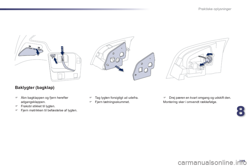 Peugeot 508 2014 Instruktionsbog (in Danish) 8
199
Praktiske oplysninger
508_da_Chap08_info pratiques_ed01-2014
Baklygter (bagklap)
Åbn bagklappen og fjern herefter adgangsklappen. Frakobl stikket til lygten. Fjern møtrik Peugeot 508 2014 Instruktionsbog (in Danish) 8
199
Praktiske oplysninger
508_da_Chap08_info pratiques_ed01-2014
Baklygter (bagklap)
Åbn bagklappen og fjern herefter adgangsklappen. Frakobl stikket til lygten. Fjern møtrik