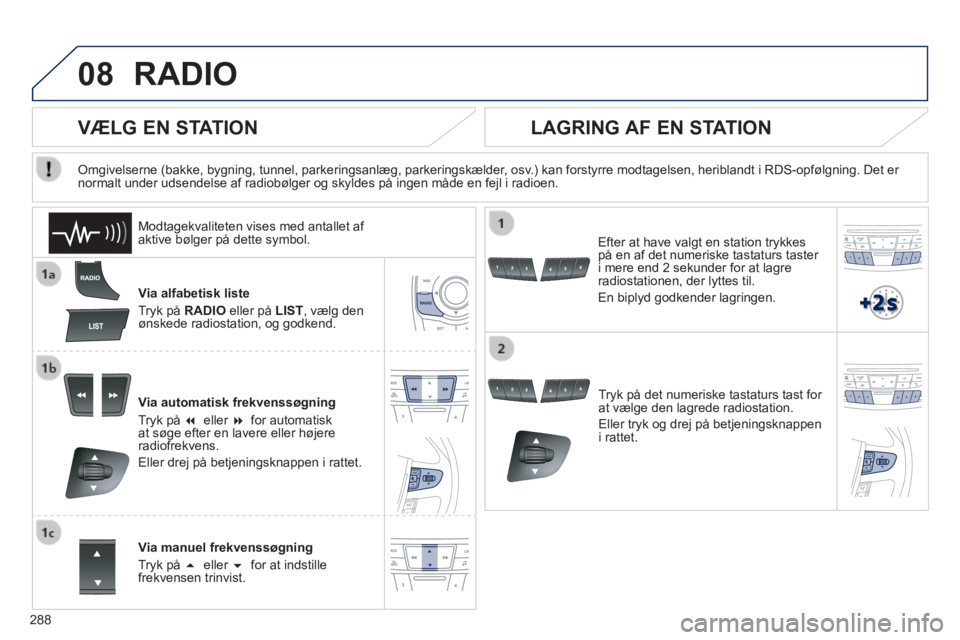 Peugeot 508 2014 Instruktionsbog (in Danish) 288
08
508_da_Chap11c_RT6_ed01-2014
RADIO
Via alfabetisk liste
Tryk på RADIO eller på LIST , vælg den ønskede radiostation, og godkend.
Via automatisk frekvenssøgning
Tryk på Peugeot 508 2014 Instruktionsbog (in Danish) 288
08
508_da_Chap11c_RT6_ed01-2014
RADIO
Via alfabetisk liste
Tryk på RADIO eller på LIST , vælg den ønskede radiostation, og godkend.
Via automatisk frekvenssøgning
Tryk på