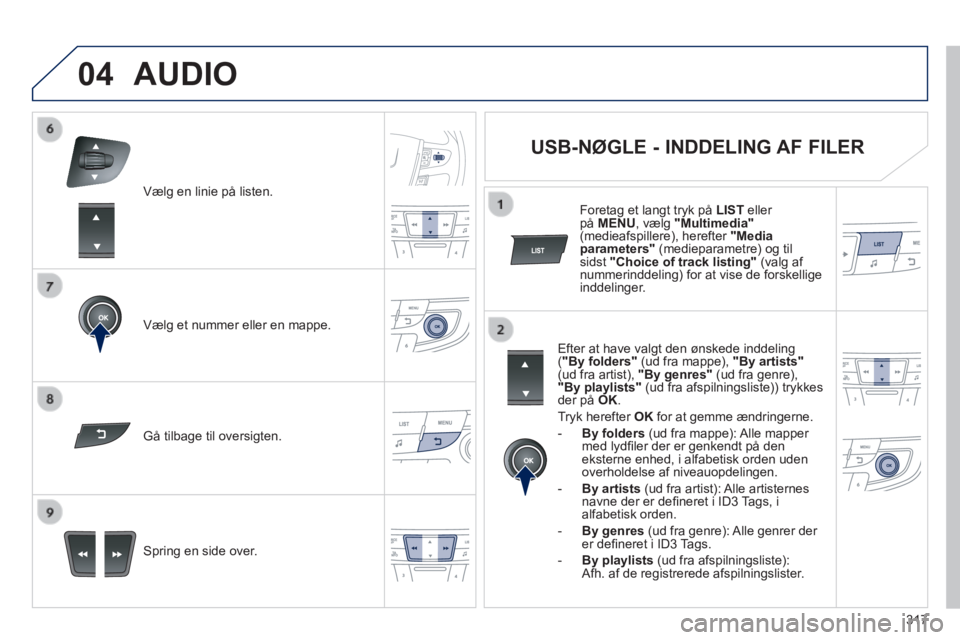 Peugeot 508 2014 Instruktionsbog (in Danish) 317
04
508_da_Chap11d_RD5_ed01-2014
Vælg en linie på listen.
Vælg et nummer eller en mappe.
Spring en side over.
Gå tilbage til oversigten.
AUDIO
USB-NØGLE - IN Peugeot 508 2014 Instruktionsbog (in Danish) 317
04
508_da_Chap11d_RD5_ed01-2014
Vælg en linie på listen.
Vælg et nummer eller en mappe.
Spring en side over.
Gå tilbage til oversigten.
AUDIO
USB-NØGLE - IN