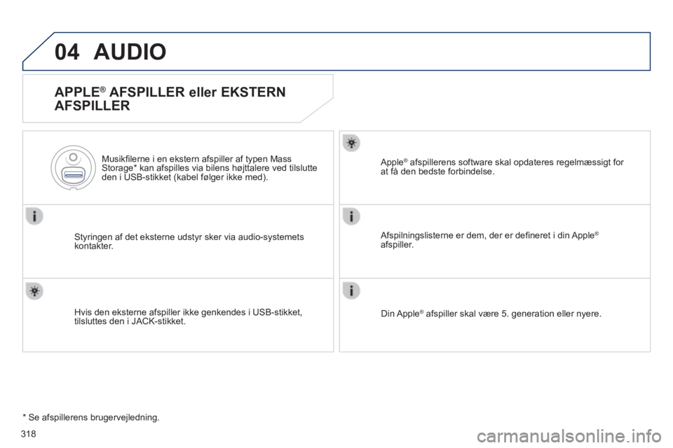 Peugeot 508 2014 Instruktionsbog (in Danish) 318
04
508_da_Chap11d_RD5_ed01-2014
AUDIO
APPLE® AFSPILLER eller EKSTERN
AFSPILLER
Styringen af det eksterne udstyr sker via audio-systemets kontakter.
Musikfi lerne i en ekstern afspill Peugeot 508 2014 Instruktionsbog (in Danish) 318
04
508_da_Chap11d_RD5_ed01-2014
AUDIO
APPLE® AFSPILLER eller EKSTERN
AFSPILLER
Styringen af det eksterne udstyr sker via audio-systemets kontakter.
Musikfi lerne i en ekstern afspill