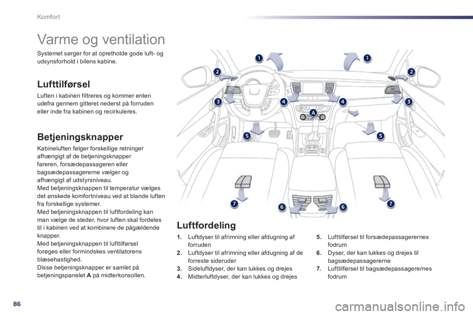Peugeot 508 2014  Instruktionsbog (in Danish) 86
Komfort
508_da_Chap03_confort_ed01-2014
         Varme og ventilation 
  Lufttilførsel 
 Luften i kabinen filtreres og kommer enten udefra gennem gitteret nederst på forruden eller inde fra kabin