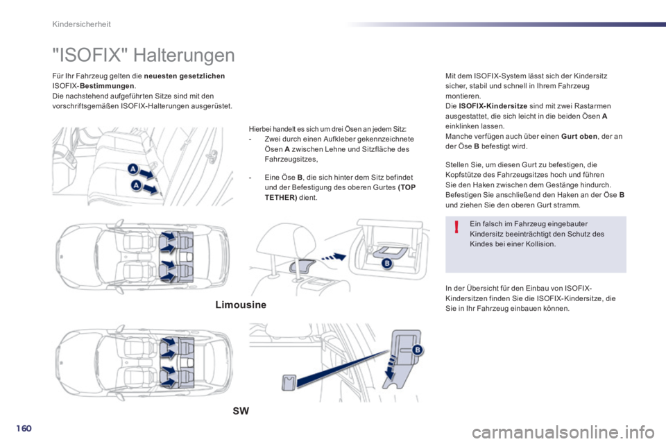 Peugeot 508 2014 Betriebsanleitung (in German) 160
!
Kindersicherheit
Für Ihr Fahrzeug gelten die neuesten gesetzlichenISOFIX- Bestimmungen . Die nachstehend aufgeführ ten Sitze sind mit den vorschriftsgemäßen ISOFIX-Halterungen ausgerüst Peugeot 508 2014 Betriebsanleitung (in German) 160
!
Kindersicherheit
Für Ihr Fahrzeug gelten die neuesten gesetzlichenISOFIX- Bestimmungen . Die nachstehend aufgeführ ten Sitze sind mit den vorschriftsgemäßen ISOFIX-Halterungen ausgerüst