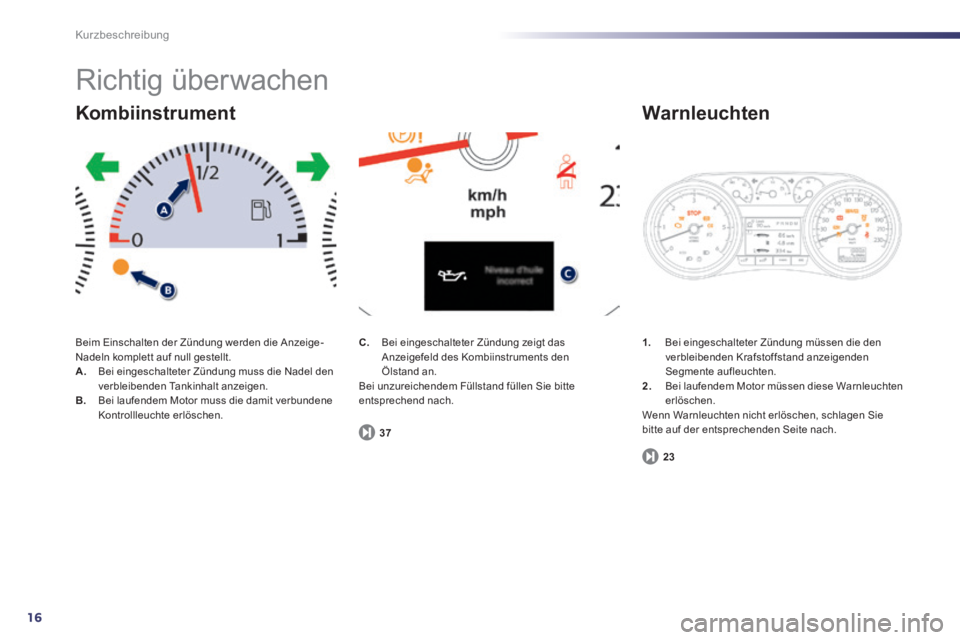 Peugeot 508 2014 Betriebsanleitung (in German) 16
Kurzbeschreibung
Richtig überwachen
Beim Einschalten der Zündung werden die Anzeige-Nadeln komplett auf null gestellt. A. Bei eingeschalteter Zündung muss die Nadel den verbleibenden Tanki Peugeot 508 2014 Betriebsanleitung (in German) 16
Kurzbeschreibung
Richtig überwachen
Beim Einschalten der Zündung werden die Anzeige-Nadeln komplett auf null gestellt. A. Bei eingeschalteter Zündung muss die Nadel den verbleibenden Tanki