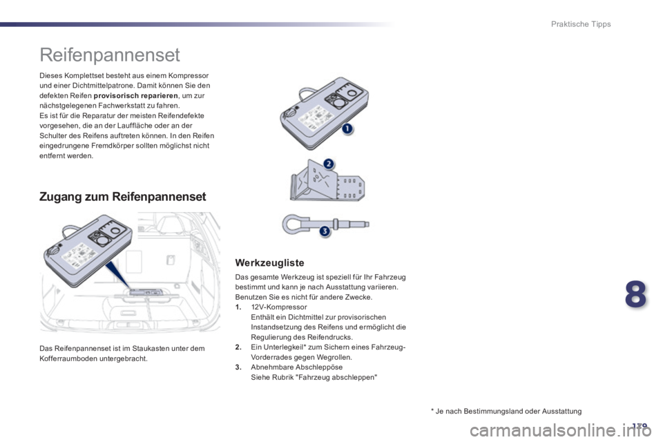 Peugeot 508 2014 Betriebsanleitung (in German) 8
179
Praktische Tipps
508_de_Chap08_info pratiques_ed01-2014_CA
Das Reifenpannenset ist im Staukasten unter dem Kofferraumboden untergebracht.
Dieses Komplettset besteht aus einem Kompressor un Peugeot 508 2014 Betriebsanleitung (in German) 8
179
Praktische Tipps
508_de_Chap08_info pratiques_ed01-2014_CA
Das Reifenpannenset ist im Staukasten unter dem Kofferraumboden untergebracht.
Dieses Komplettset besteht aus einem Kompressor un