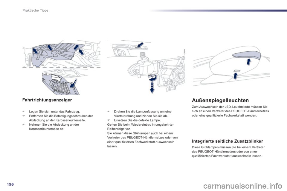 Peugeot 508 2014 Betriebsanleitung (in German) 196
Praktische Tipps
508_de_Chap08_info pratiques_ed01-2014_CA
Fahrtrichtungsanzeiger
Legen Sie sich unter das Fahrzeug. Entfernen Sie die Befestigungsschrauben der Abdeckung an der Karos Peugeot 508 2014 Betriebsanleitung (in German) 196
Praktische Tipps
508_de_Chap08_info pratiques_ed01-2014_CA
Fahrtrichtungsanzeiger
Legen Sie sich unter das Fahrzeug. Entfernen Sie die Befestigungsschrauben der Abdeckung an der Karos