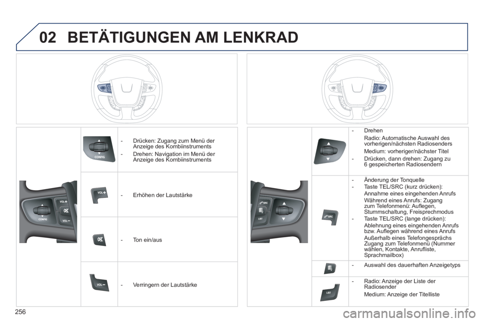 Peugeot 508 2014 Betriebsanleitung (in German) 256
02
508_de_Chap11c_RT6_ed01-2014_CA
BETÄTIGUNGEN AM LENKRAD
- Drücken: Zugang zum Menü der Anzeige des Kombiinstruments - Drehen: Navigation im Menü der Anzeige des Kombiinstru Peugeot 508 2014 Betriebsanleitung (in German) 256
02
508_de_Chap11c_RT6_ed01-2014_CA
BETÄTIGUNGEN AM LENKRAD
- Drücken: Zugang zum Menü der Anzeige des Kombiinstruments - Drehen: Navigation im Menü der Anzeige des Kombiinstru
