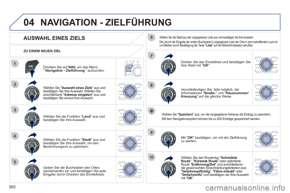 Peugeot 508 2014 Betriebsanleitung (in German) 260
04
508_de_Chap11c_RT6_ed01-2014_CA
Drücken Sie auf N AV, um das Menü " Navigation - Zielführung " aufzurufen.
ZU EINEM NEUEN ZIEL
NAVIGATION - ZIELFÜHRUNG
AUSWA Peugeot 508 2014 Betriebsanleitung (in German) 260
04
508_de_Chap11c_RT6_ed01-2014_CA
Drücken Sie auf N AV, um das Menü " Navigation - Zielführung " aufzurufen.
ZU EINEM NEUEN ZIEL
NAVIGATION - ZIELFÜHRUNG
AUSWA
