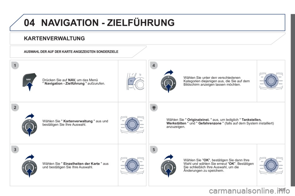 Peugeot 508 2014 Betriebsanleitung (in German) 269
04
508_de_Chap11c_RT6_ed01-2014_CA
NAVIGATION - ZIELFÜHRUNG
Drücken Sie auf N AV, um das Menü " Navigation - Zielführung " aufzurufen.
KARTENVERWALTUNG
AUSWAHL DER AUF DER KAR Peugeot 508 2014 Betriebsanleitung (in German) 269
04
508_de_Chap11c_RT6_ed01-2014_CA
NAVIGATION - ZIELFÜHRUNG
Drücken Sie auf N AV, um das Menü " Navigation - Zielführung " aufzurufen.
KARTENVERWALTUNG
AUSWAHL DER AUF DER KAR