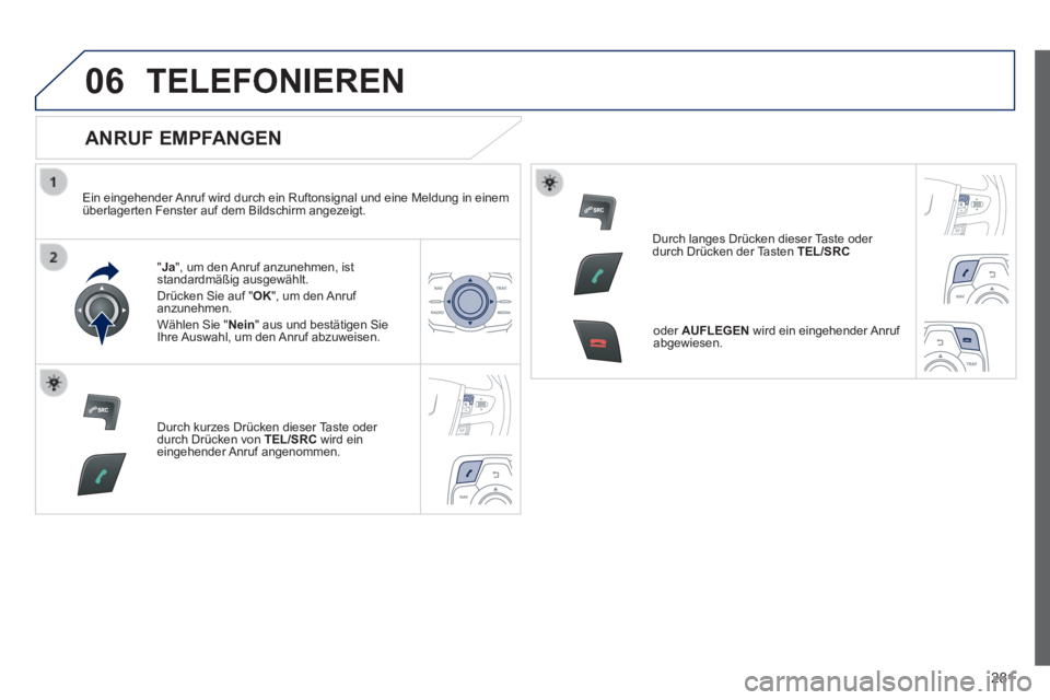 Peugeot 508 2014 Betriebsanleitung (in German) 281
06
508_de_Chap11c_RT6_ed01-2014_CA
TELEFONIEREN
ANRUF EMPFANGEN
Ein eingehender Anruf wird durch ein Ruftonsignal und eine Meldung in einem überlagerten Fenster auf dem Bildschirm angezei Peugeot 508 2014 Betriebsanleitung (in German) 281
06
508_de_Chap11c_RT6_ed01-2014_CA
TELEFONIEREN
ANRUF EMPFANGEN
Ein eingehender Anruf wird durch ein Ruftonsignal und eine Meldung in einem überlagerten Fenster auf dem Bildschirm angezei