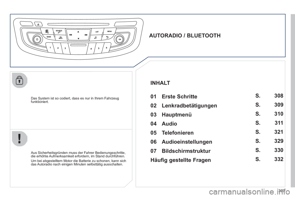 Peugeot 508 2014 Betriebsanleitung (in German) 307
508_de_Chap11d_RD5_ed01-2014_CA
Das System ist so codiert, dass es nur in Ihrem Fahrzeug funktioniert.
AUTORADIO / BLUETOOTH 01 Erste Schritte
Aus Sicherheitsgründen muss der Peugeot 508 2014 Betriebsanleitung (in German) 307
508_de_Chap11d_RD5_ed01-2014_CA
Das System ist so codiert, dass es nur in Ihrem Fahrzeug funktioniert.
AUTORADIO / BLUETOOTH 01 Erste Schritte
Aus Sicherheitsgründen muss der