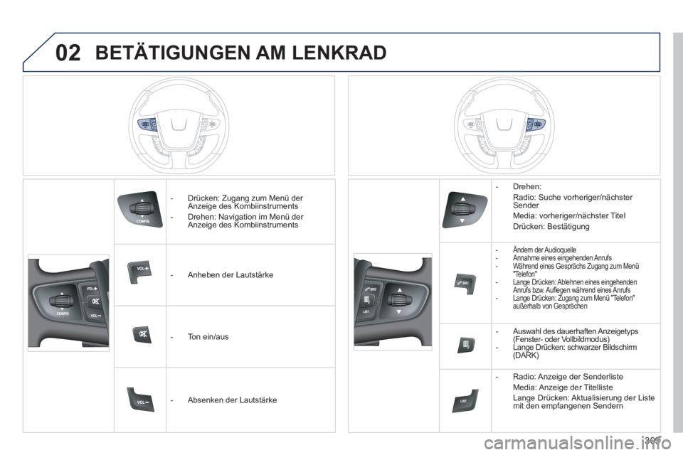 Peugeot 508 2014  Betriebsanleitung (in German) 02
309
508_de_Chap11d_RD5_ed01-2014_CA
 BETÄTIGUNGEN  AM  LENKRAD 
   -   Drücken:  Zugang  zum  Menü  der Anzeige des Kombiinstruments   -   Drehen: Navigation im Menü der Anzeige des Kombiinstru