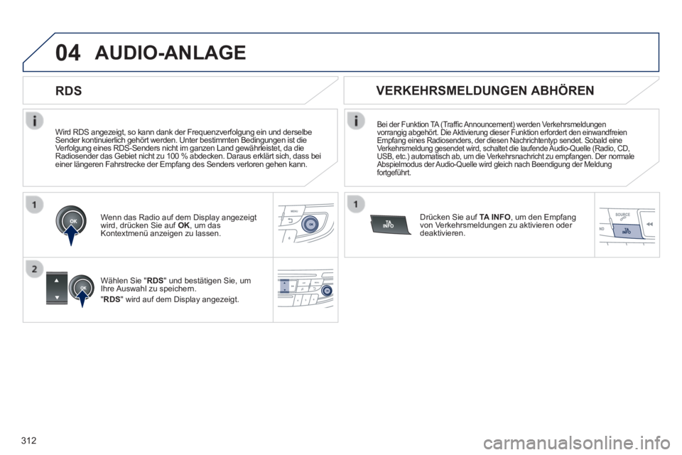 Peugeot 508 2014  Betriebsanleitung (in German) 312
04
508_de_Chap11d_RD5_ed01-2014_CA
  Wird RDS angezeigt, so kann dank der Frequenzverfolgung ein und derselbe\
 Sender kontinuierlich gehört werden. Unter bestimmten Bedingungen ist\
 die Verfolg