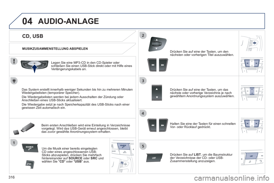 Peugeot 508 2014  Betriebsanleitung (in German) 316
04
508_de_Chap11d_RD5_ed01-2014_CA
            CD, USB 
AUDIO-ANLAGE
  MUSIKZUSAMMENSTELLUNG  ABSPIELEN  
  Legen Sie eine MP3-CD in den CD-Spieler oder schließen Sie einen USB-Stick direkt oder 