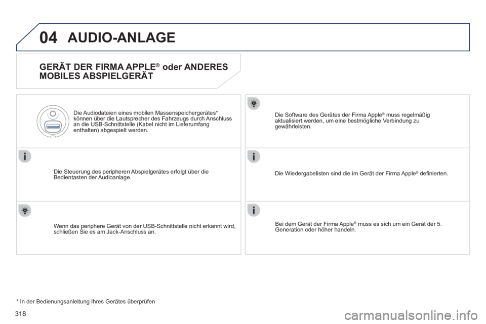 Peugeot 508 2014  Betriebsanleitung (in German) 318
04
508_de_Chap11d_RD5_ed01-2014_CA
AUDIO-ANLAGE
  GERÄT  DER  FIRMA  APPLE ®   oder  ANDERES 
MOBILES ABSPIELGERÄT 
  Die Steuerung des peripheren Abspielgerätes erfolgt über die Bedientasten