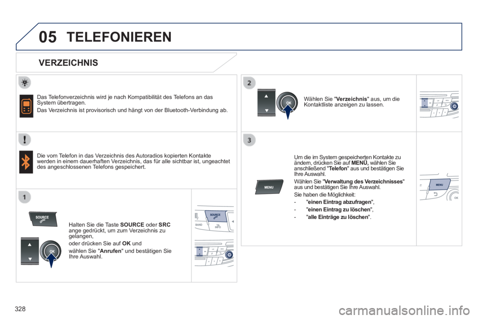 Peugeot 508 2014  Betriebsanleitung (in German) 328
05
 
  
508_de_Chap11d_RD5_ed01-2014_CA
 TELEFONIEREN 
  VERZEICHNIS 
  Das Telefonverzeichnis wird je nach Kompatibilität des Telefons an das System übertragen.  Das Verzeichnis ist provisorisc