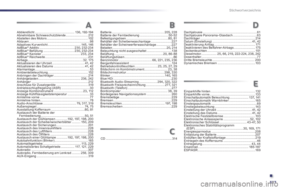 Peugeot 508 2014  Betriebsanleitung (in German) .
337
Stichwortverzeichnis
Abblendlicht ..............................................13 6, 192-19 4Abnehmbare Schneeschutzblende ..........................212Abstellen des Motors ....................