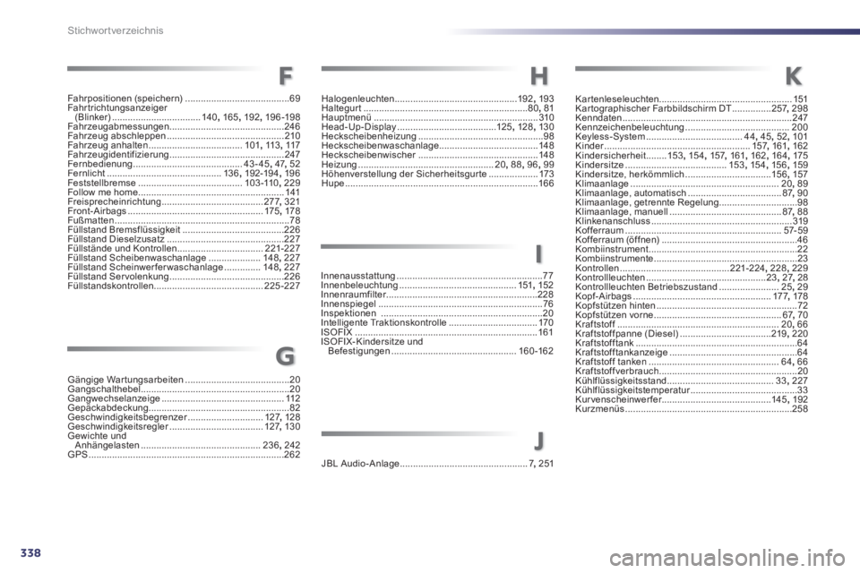 Peugeot 508 2014  Betriebsanleitung (in German) 338
Stichwortverzeichnis
Fahrpositionen (speichern) ........................................69Fahrtrichtungsanzeiger (Blinker) ..................................140, 165, 192, 19 6 -198Fahrzeugabmessu