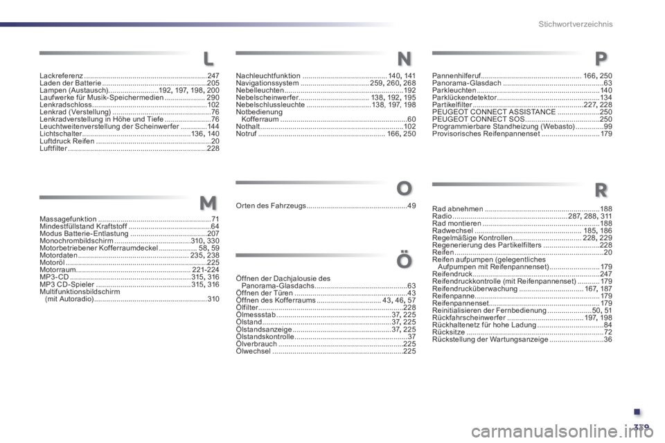 Peugeot 508 2014  Betriebsanleitung (in German) .
339
Stichwortverzeichnis
Lackreferenz .............................................................247Laden der Batterie ....................................................205Lampen (Austausch) ...