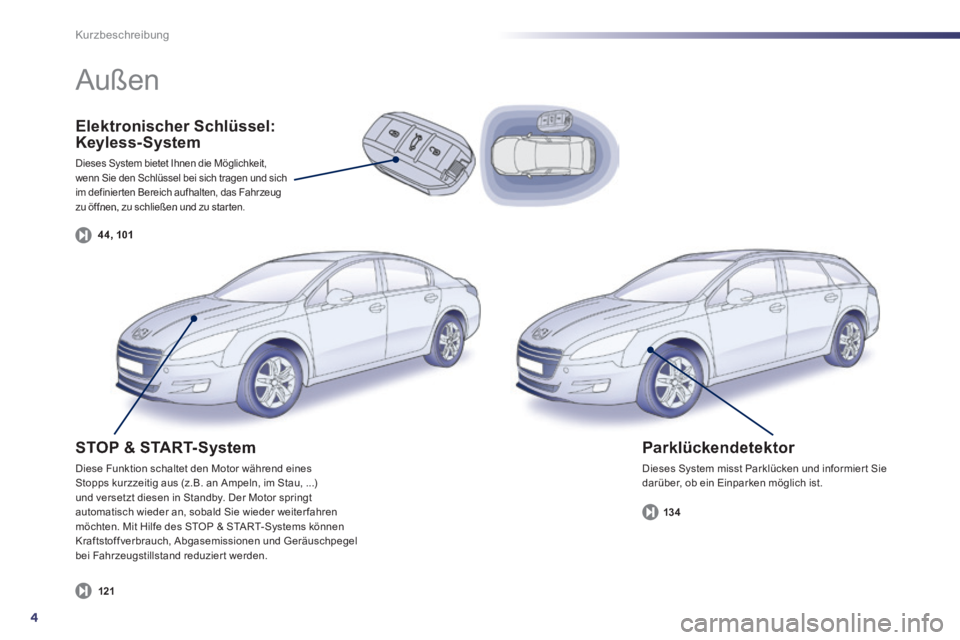 Peugeot 508 2014  Betriebsanleitung (in German) 4
Kurzbeschreibung
  Elektronischer  Schlüssel: Keyless-System 
 Dieses System bietet Ihnen die Möglichkeit, wenn Sie den Schlüssel bei sich tragen und sich im definierten Bereich aufhalten, das Fa
